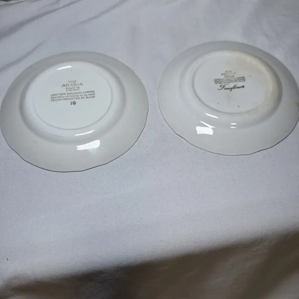 Arabia Finland Set Of 2 Saucers Blue and White Floral Print Glazed Beautiful